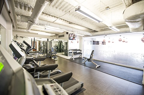 A gym with treadmills and exercise equipment.