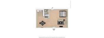 A floor plan of a room with a kitchen area, a bathroom, and a living room.