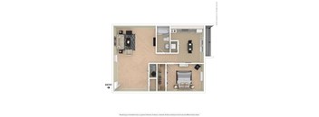 A floor plan of a room with a couch, a bed, a desk, and a television.