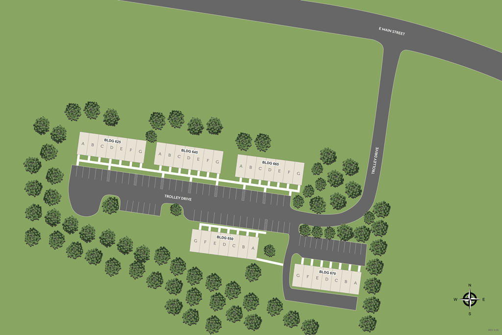 A map shows a layout of a parking lot with trees and buildings.