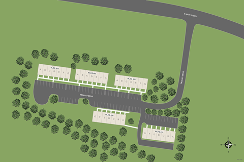 A map shows a layout of a parking lot with trees and buildings.