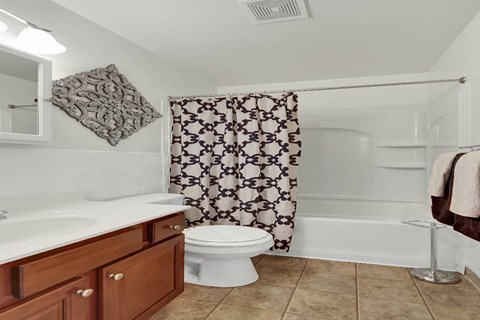 A bathroom with a toilet, sink, and shower.