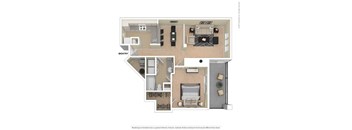 A floor plan of a house with a living room, kitchen, and bathrooms.
