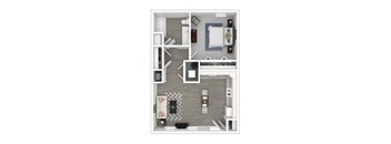 A top down view of a small apartment with a kitchen, living room, and bedroom.