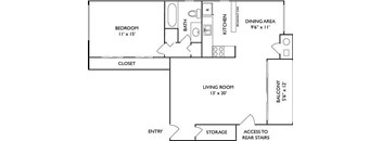 A floor plan of a small apartment with a bedroom, living room, kitchen, and bathroom.