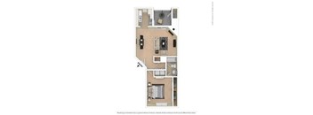 A floor plan of an apartment with a kitchen, living room, and two bedrooms.