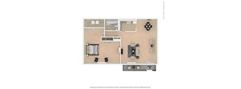 A floor plan of a house with a living room, dining room, kitchen, and two bedrooms.