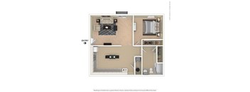 A floor plan of a room with a kitchen, living room, and bathroom.