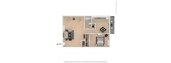 A floor plan of a house with a kitchen, living room, and two bedrooms.