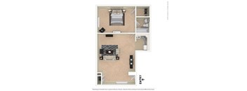 A floor plan of a room with a bed, a couch, a table, and a television.