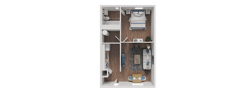 A top-down view of a small, neatly organized bedroom with a bed, desk, and storage.
