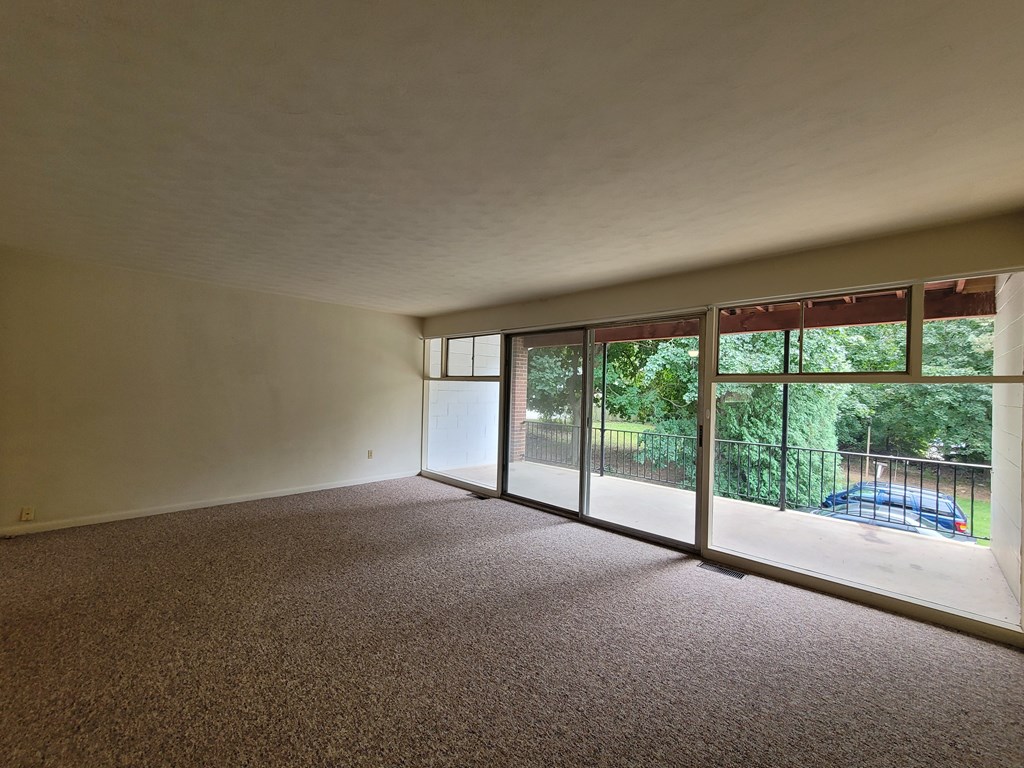 A room with a carpeted floor and a view of a fence and trees outside through the windows.