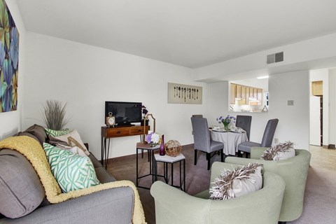 A living room with a grey couch, a white dining table and chairs, and a television.