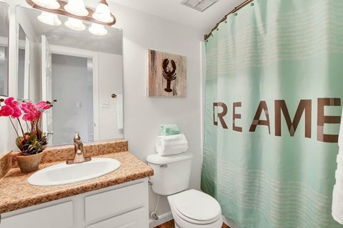 A bathroom with a toilet, sink, and shower curtain.