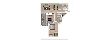 A floor plan of a two-bedroom apartment with a living room, kitchen, and bathroom.