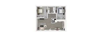 A top-down view of a small apartment with a living room, kitchen, and bedroom.