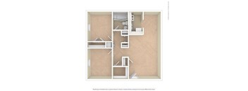 A 3D floor plan of a small apartment with a kitchen, bathroom, and living room.
