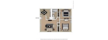A floor plan of a house with a kitchen, living room, and bathroom.