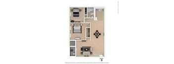 A floor plan of a room with a kitchen, living room, and bathroom.