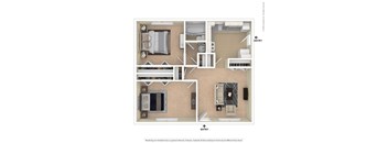 A floor plan of a small apartment with two bedrooms and a living area.
