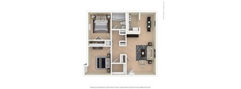 A floor plan of a small apartment with a kitchen, living room, and bathroom.