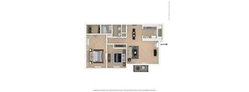 A floor plan of a house with a living room, kitchen, and two bathrooms.
