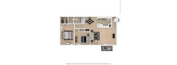 A floor plan of a house with a kitchen, living room, and bathroom.