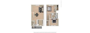 A floor plan of a house with two bedrooms, a living room, a kitchen, and a bathroom.