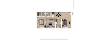 A floor plan of a house with a kitchen, living room, dining room, and bathroom.