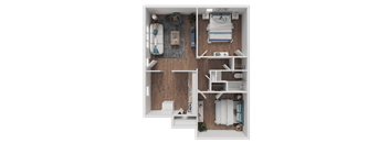 A top-down view of a small, neatly organized apartment.