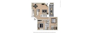 A floor plan of a small apartment with a kitchen, living room, and bathroom.