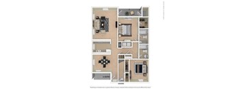 A floor plan of an apartment with a kitchen, living room, and two bedrooms.