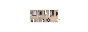 A floor plan of a house with a kitchen, living room, and bathroom.
