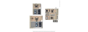 A floor plan of a house with a garage and a car.