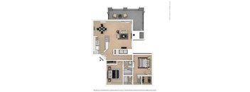 A floor plan of a house with a kitchen, living room, and two bedrooms.