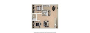A floor plan of a house with a kitchen, living room, and bathrooms.