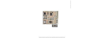 A floor plan of a small apartment with a kitchen, living room, and two bedrooms.