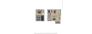 A floor plan of a two-bedroom apartment with a garage.