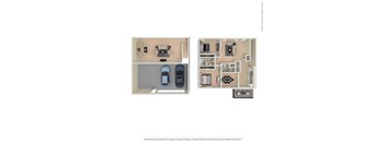 A floor plan of a house with two cars parked in the garage.