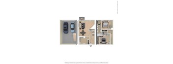 A floor plan of a house with a garage, living room, and kitchen.