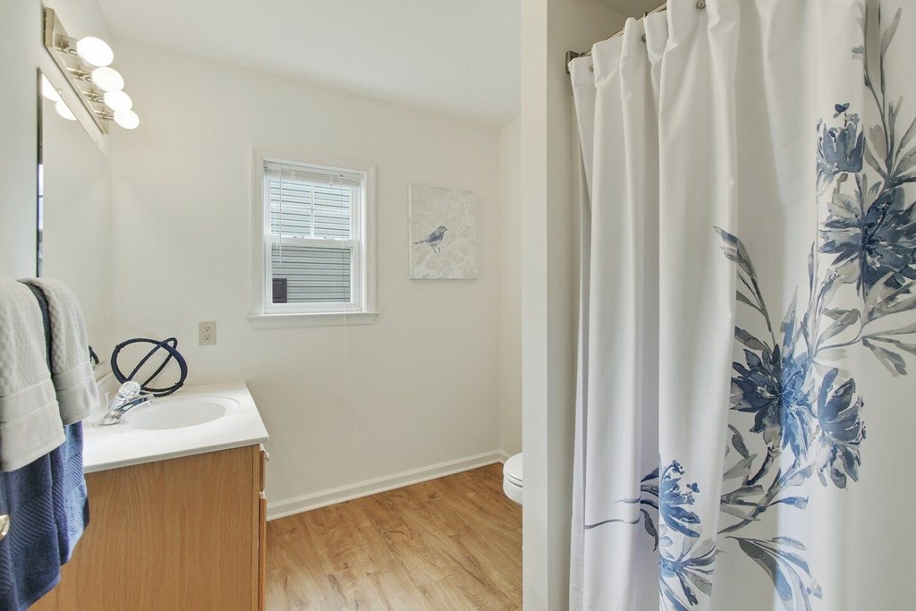 A bathroom with a white sink and a shower curtain with blue flowers.