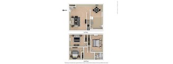 A floor plan of a two-story apartment with a living room, kitchen, and bathroom on the first floor, and a bedroom on the second floor.