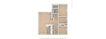 A 3D floor plan of a house with a kitchen, living room, and bathroom.