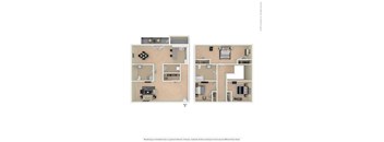 A floor plan of a two-bedroom apartment with a kitchen, living room, and bathroom.