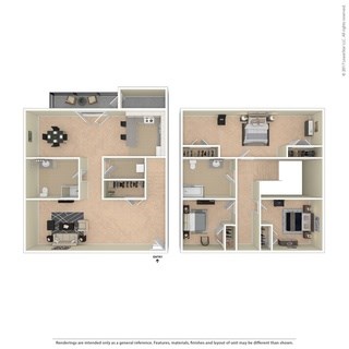 A floor plan of a two-story residential building with a garage and a living room on the first floor and a bedroom and bathroom on the second floor.