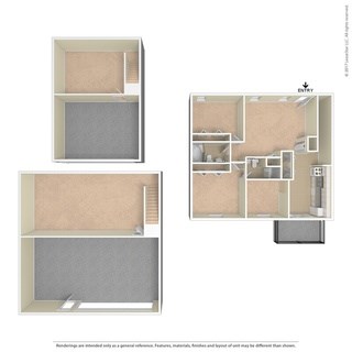 A floor plan of a small apartment with a kitchen, living room, and two bedrooms.