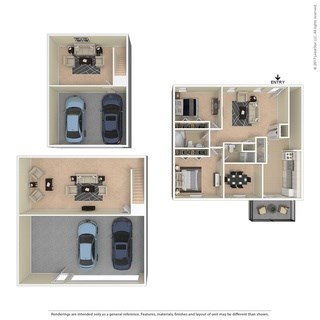 A floor plan of a house with two cars parked in the garage.