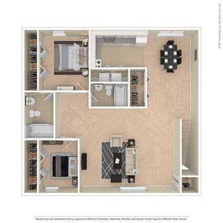 A floor plan of an apartment with a kitchen, living room, and two bedrooms.