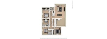 A floor plan of an apartment with a kitchen, living room, and two bedrooms.