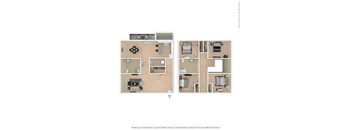 A floor plan of a two-story apartment with a living room, kitchen, and bedrooms.